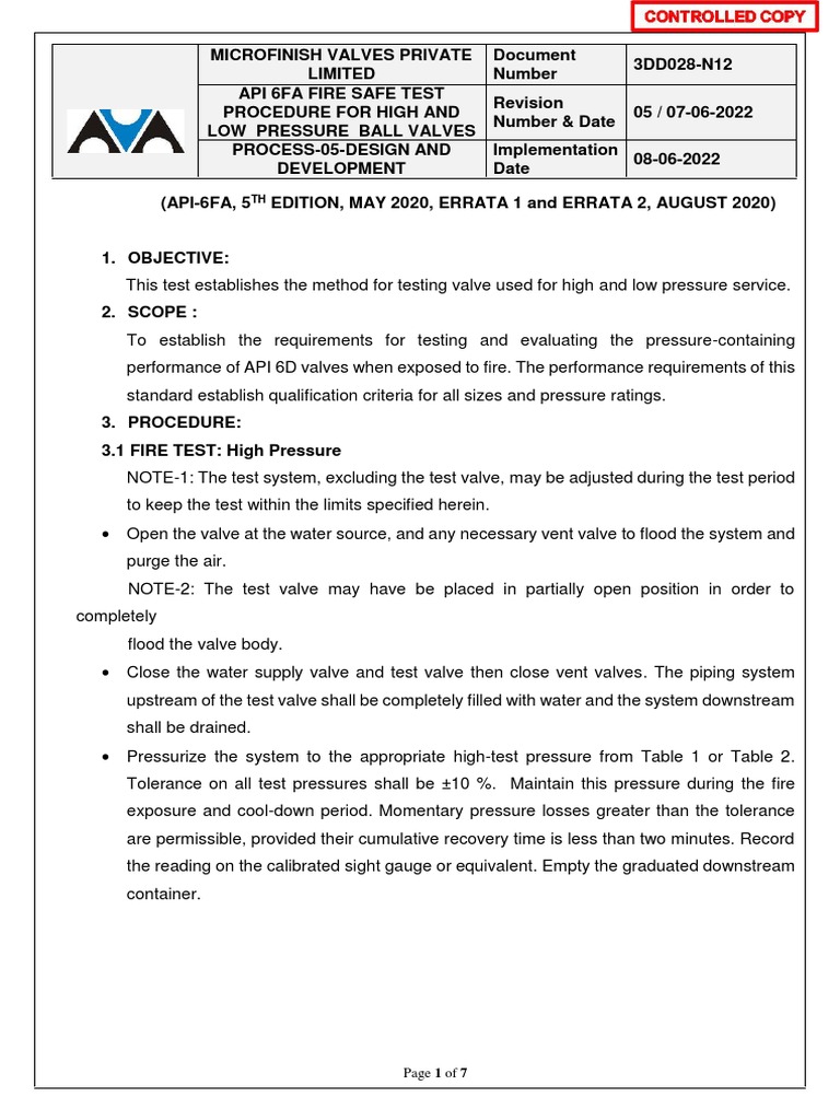 API 6FA Fire Safe Test Procedure | PDF | Leak | Valve