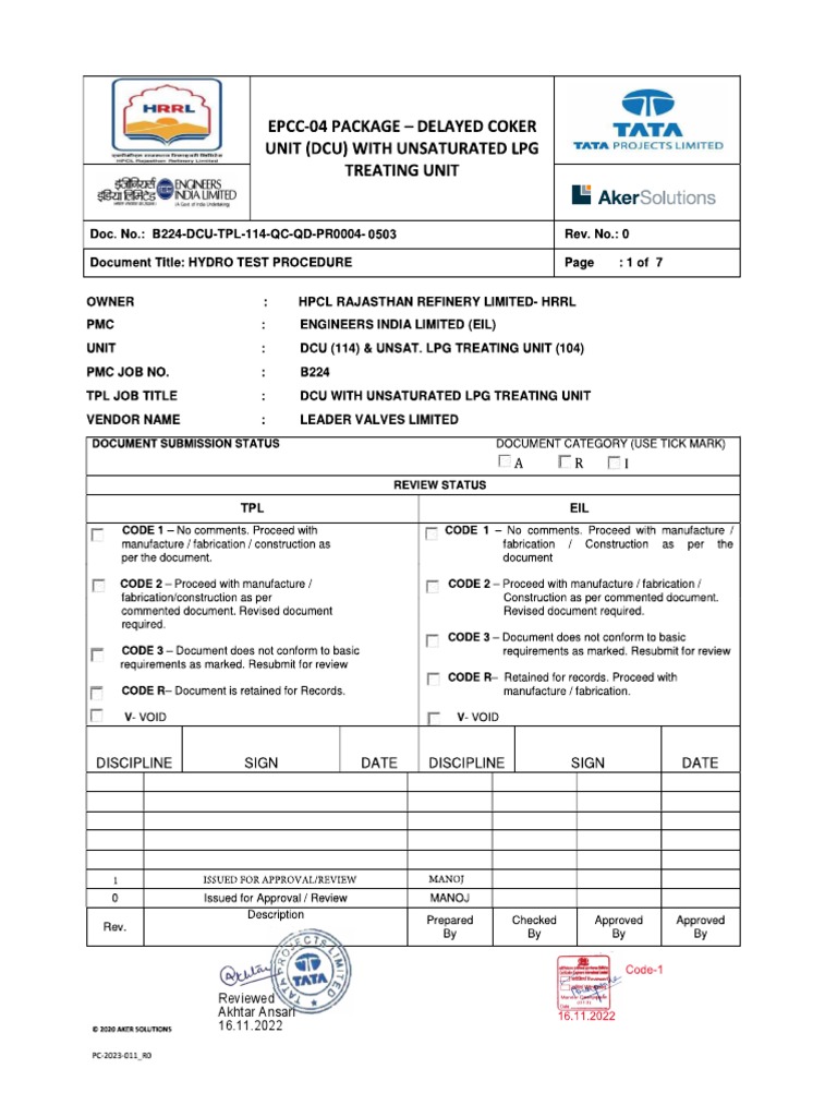 APPROVED HYDRO TEST PROCEDURE PDF