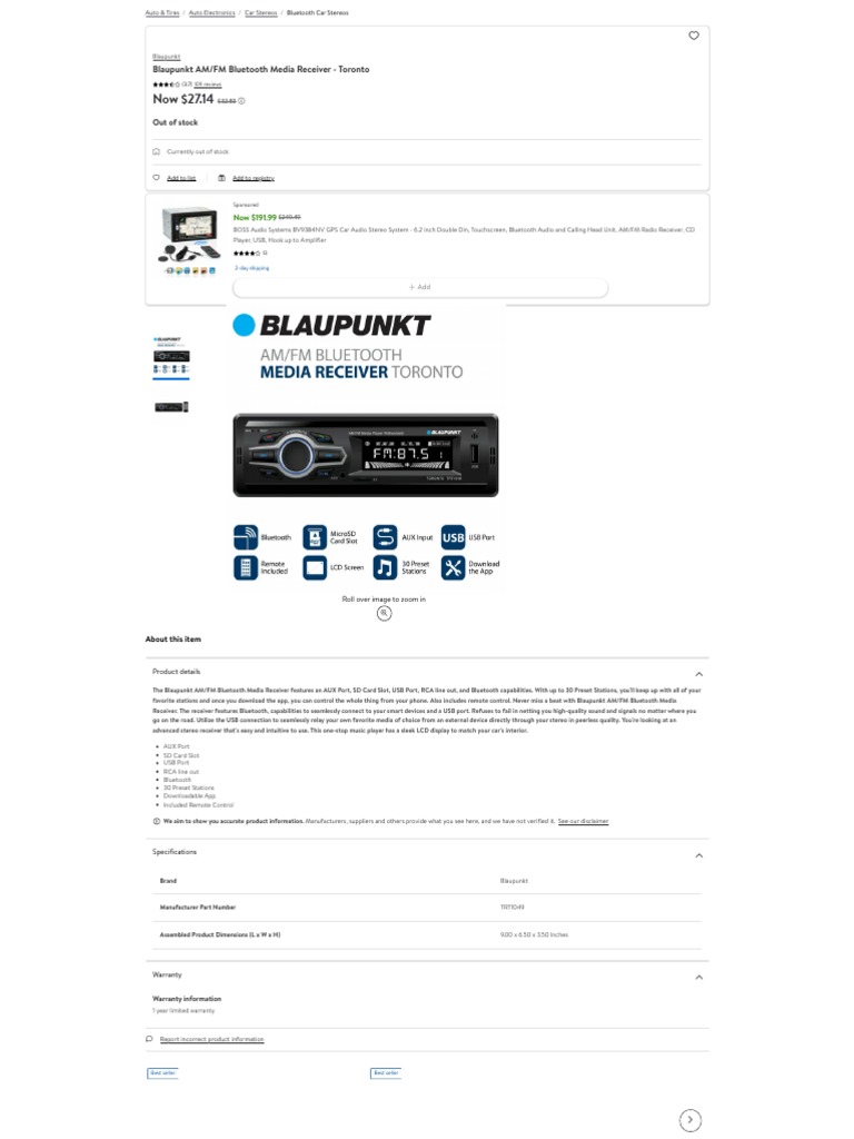 Blaupunkt AM FM Bluetooth Media Receiver Toronto PDF