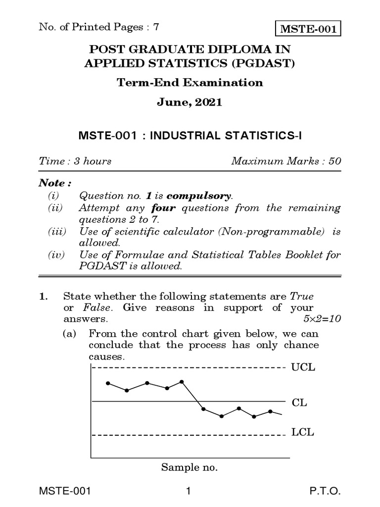 MSTE-001: Industrial Statistics Exam | PDF | Reliability Engineering ...