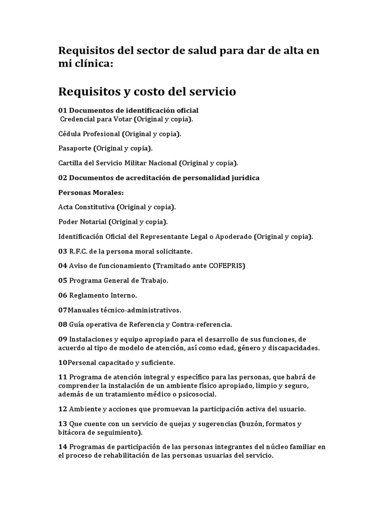 Requisitos del sector de salud para dar de alta en | PDF