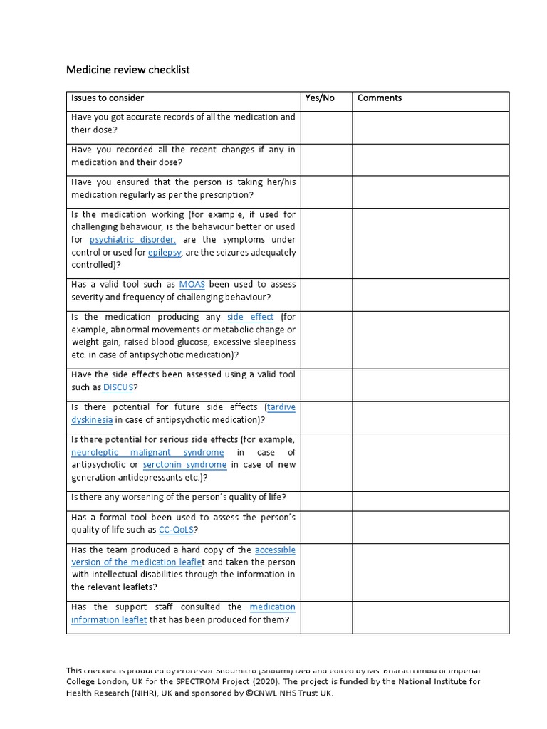 Medication Review Checklist for Dyskinesia | PDF