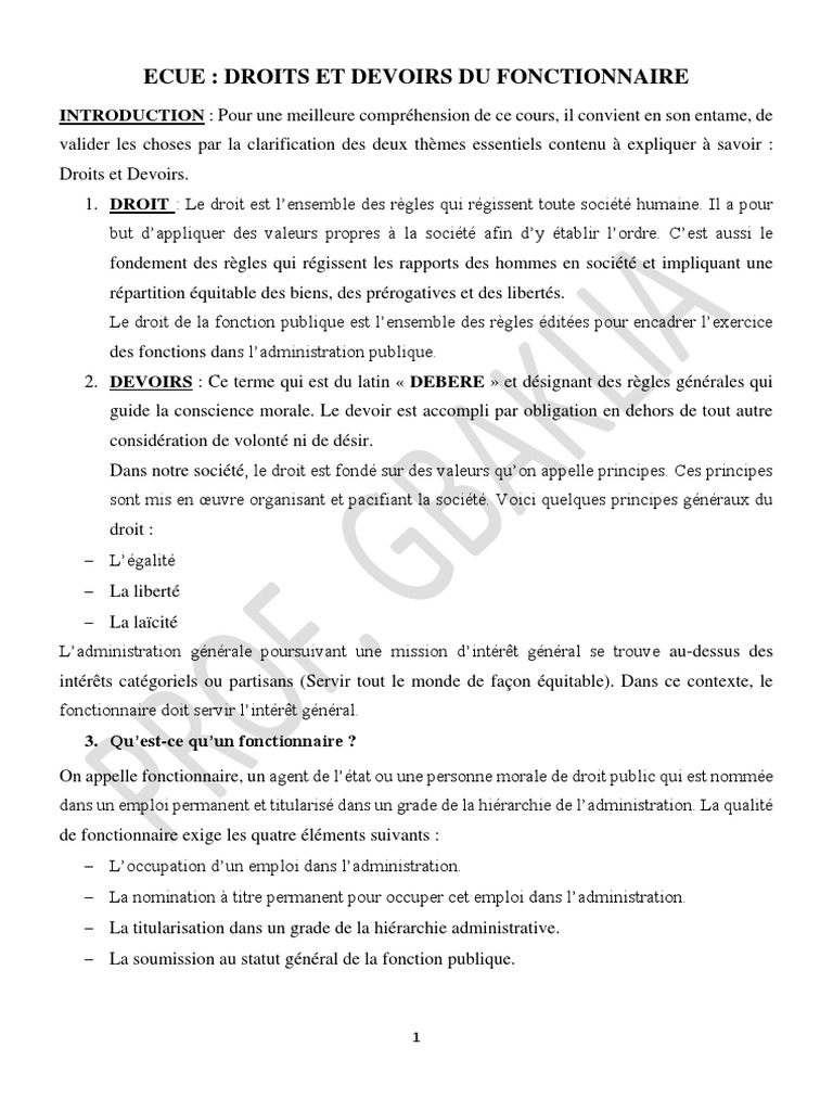 Droits et Devoirs des Fonctionnaires | PDF | Institutions sociales ...