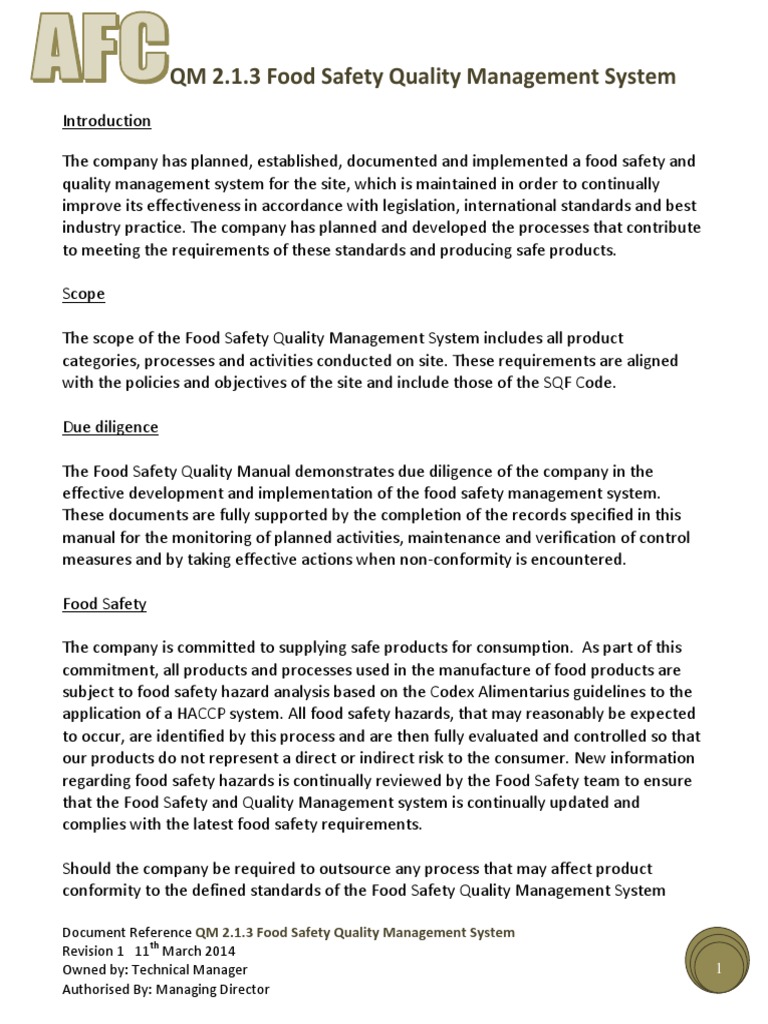 Qm 2 1 3 Food Safety Quality Management System Pdf Food Safety