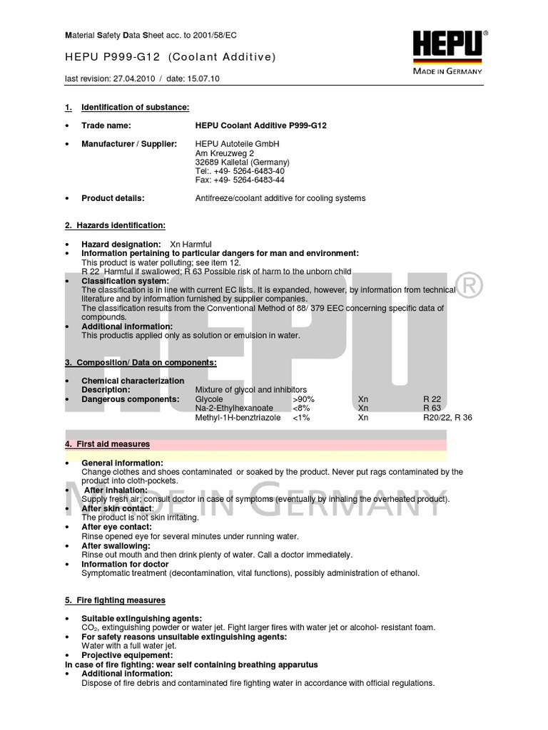 HEPU P999-G12 MSDS e | PDF | Water | Chemistry
