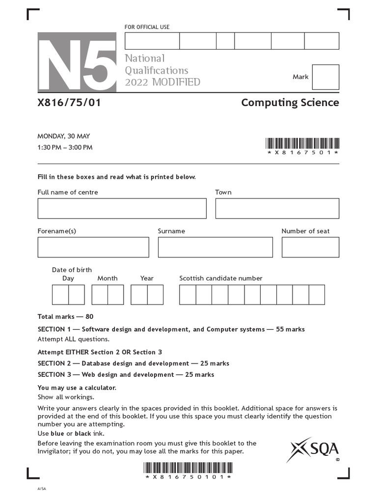 N5 ComputingScience QP 2022 PDF Computer Program Programming