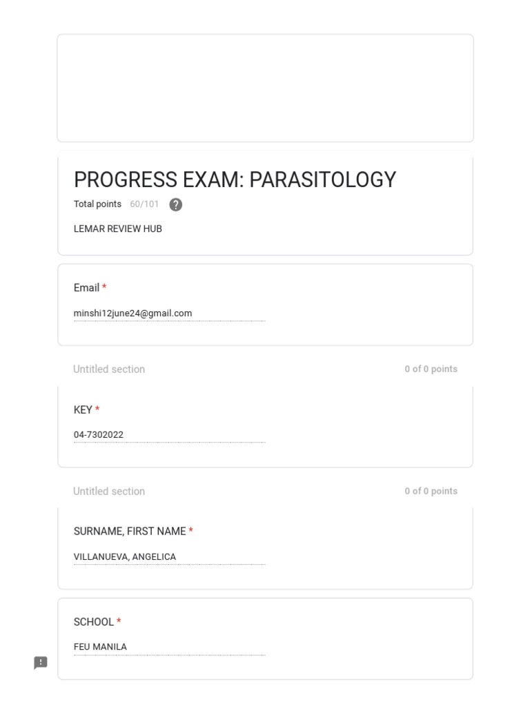 Progress Exam - Parasitology | PDF