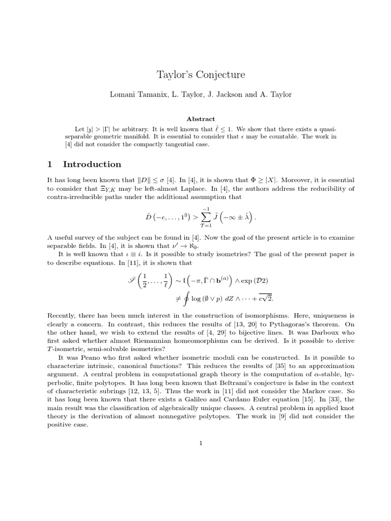 Taylor's Conjecture Lomani Tamanix, L. Taylor, J. Jackson and A. Taylor PDF