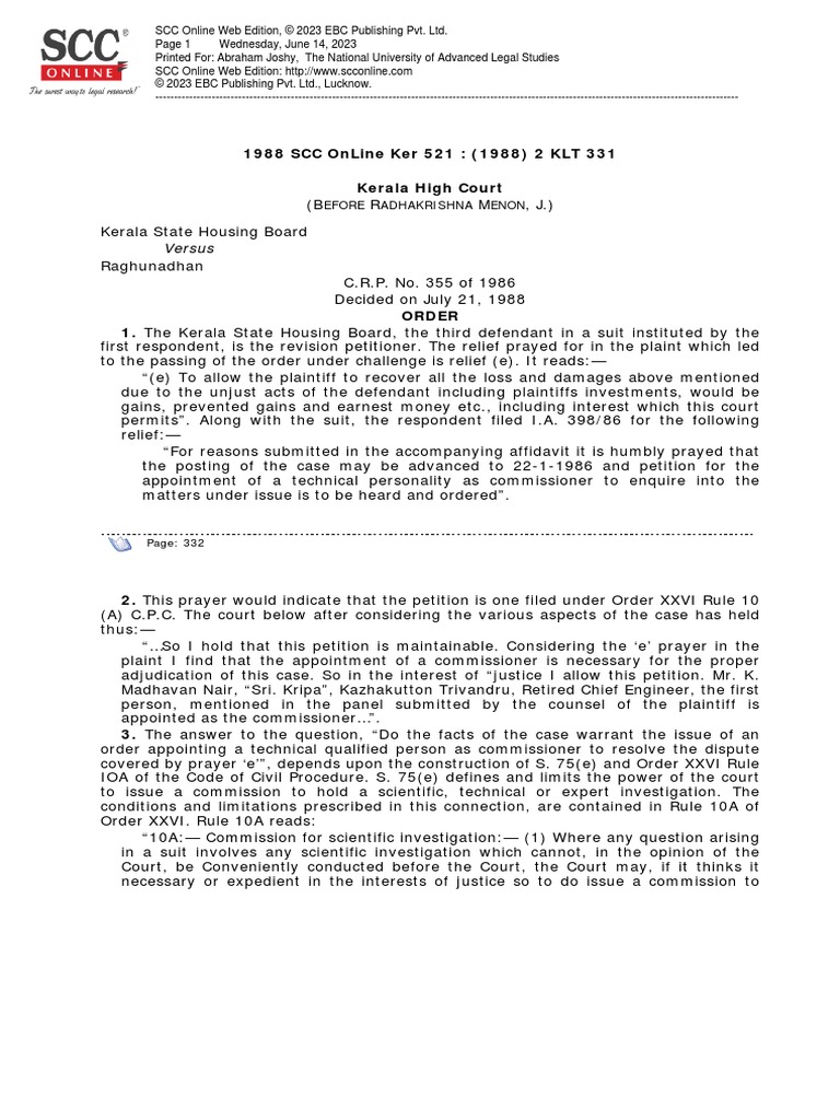 Kerala State Housing Board Case PDF Lawsuit Damages