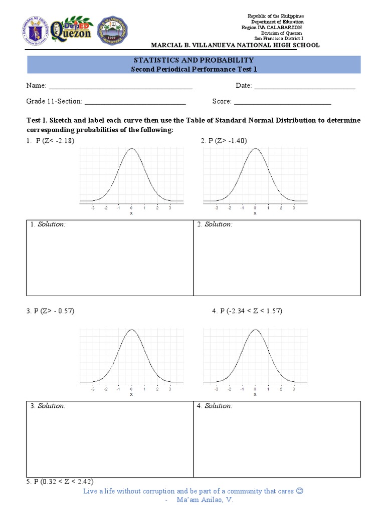 STATISTICS AND PROBABILITY PERFORMANCE TEST 1 2nd Periodical PDF