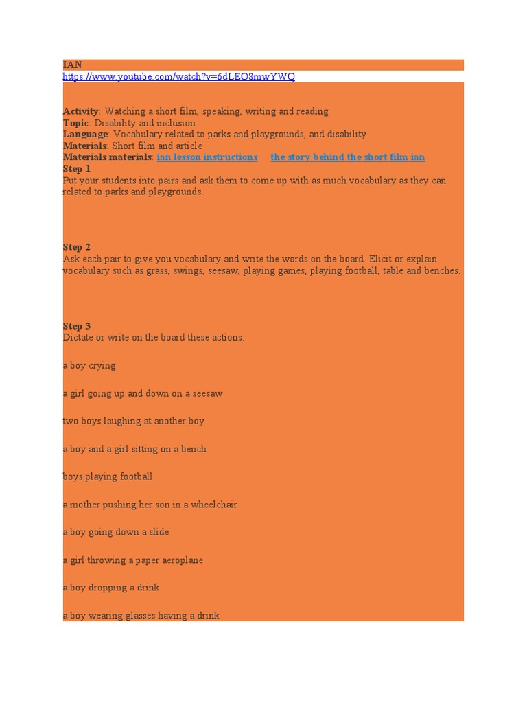 Ian Lesson Instructions The Story Behind The Short Film Ian PDF