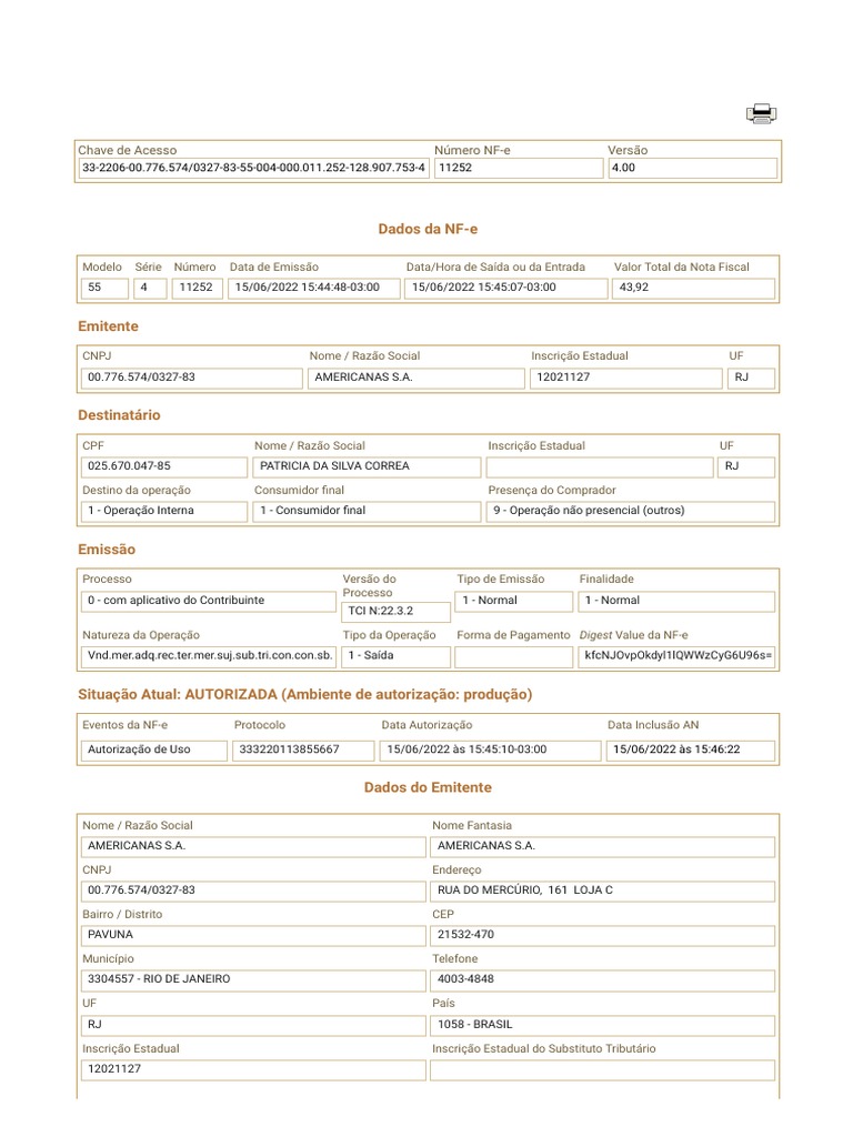 Nota Fiscal AMERICANAS S.A. RJ 2022 | PDF