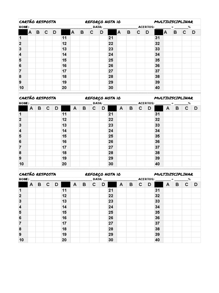 CARTAO RESPOSTA 40 QUESTOES - 4 ALTERNATIVAS - Página1 | PDF