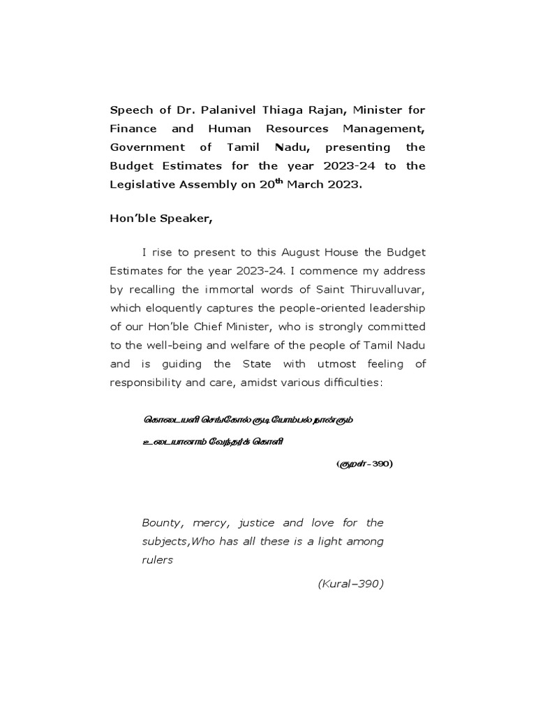 Budget Speech e 2023 2024 PDF Tamil Nadu Welfare