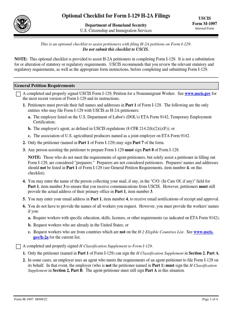 Optional Checklist For Form I129 H2A Filings General Petition