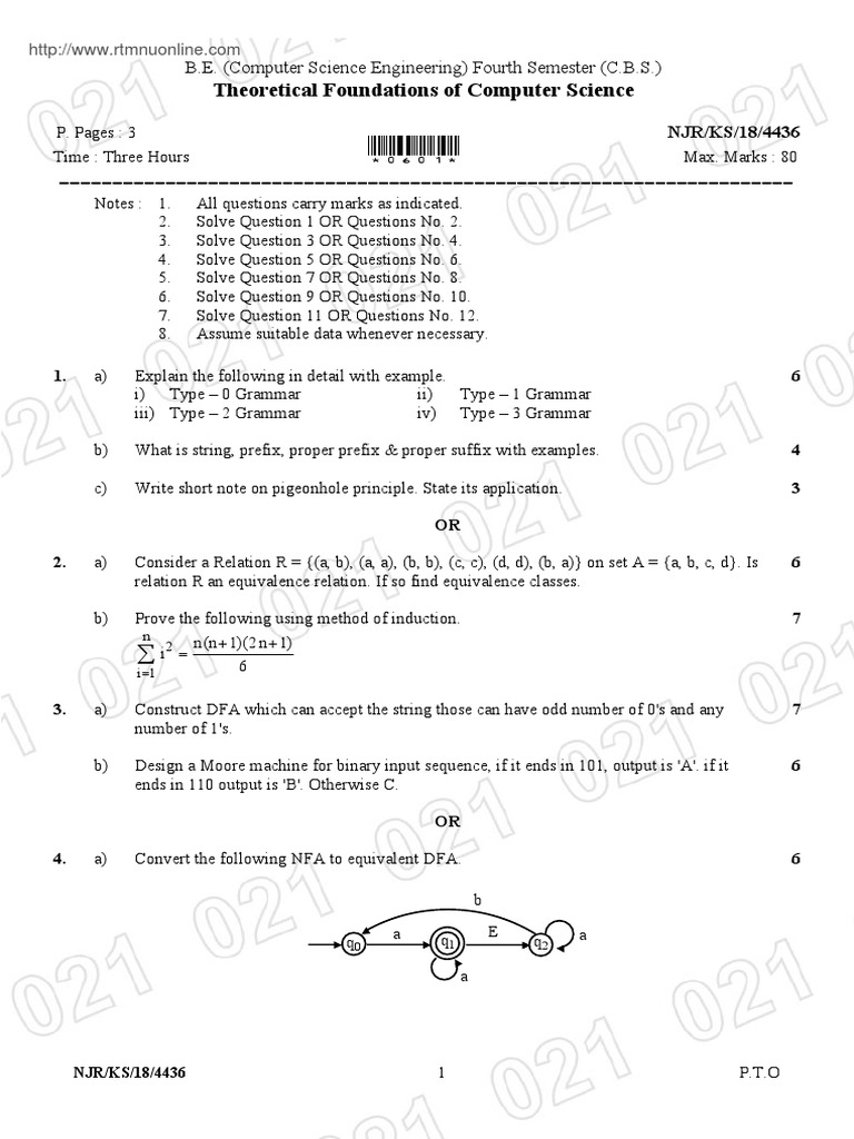 Cse 4 Sem Theoretical Foundations of Computer Science Summer 2018 | PDF ...