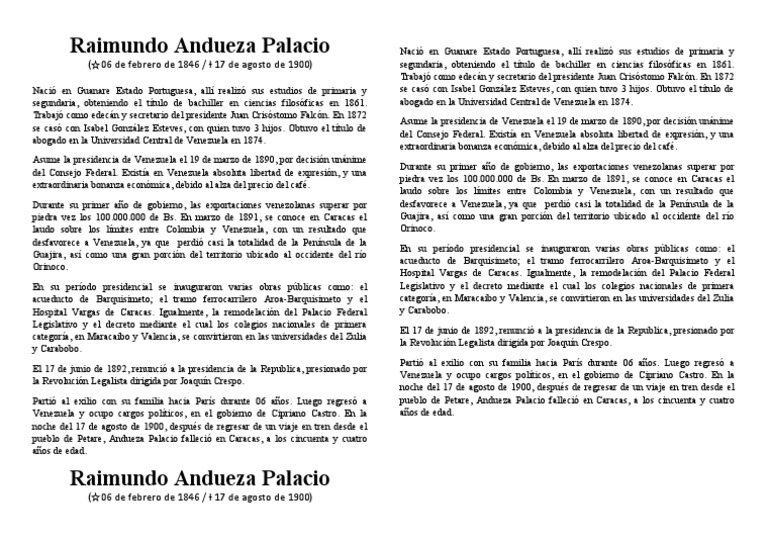 Raimundo Andueza Palacio PDF Venezuela Política de venezuela