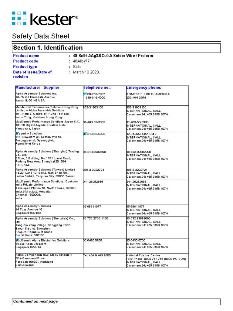 Kester 48 Sn96.5Ag3.0Cu0.5 Solder SDS | PDF | Dangerous Goods | Toxicity