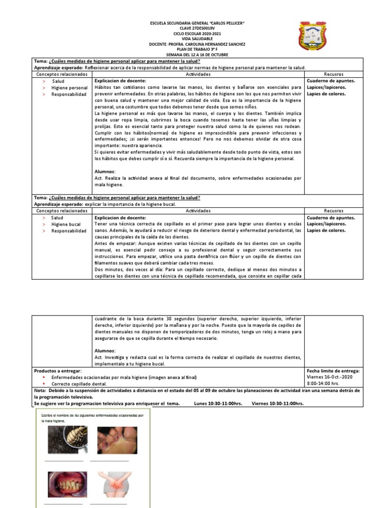 PLAN VIDA SALUDABLE 3F 12-16 (05-09) octubre | PDF | Higiene | Higiene oral