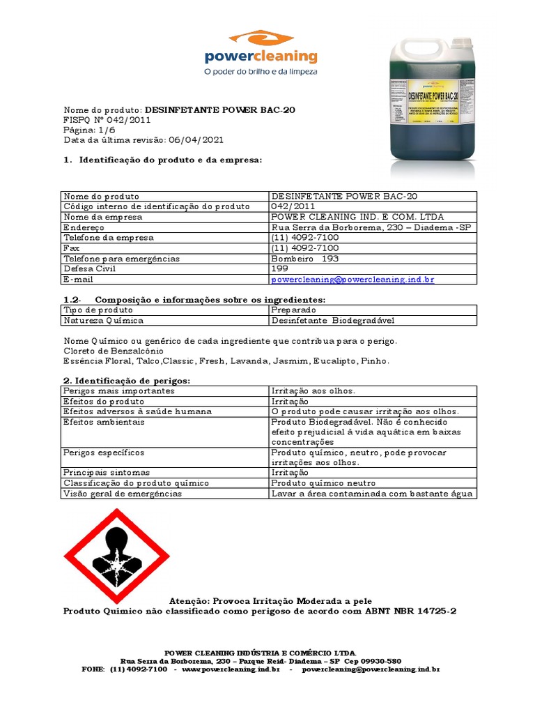 Desinfetante Power Bac-20: Ficha Técnica | PDF