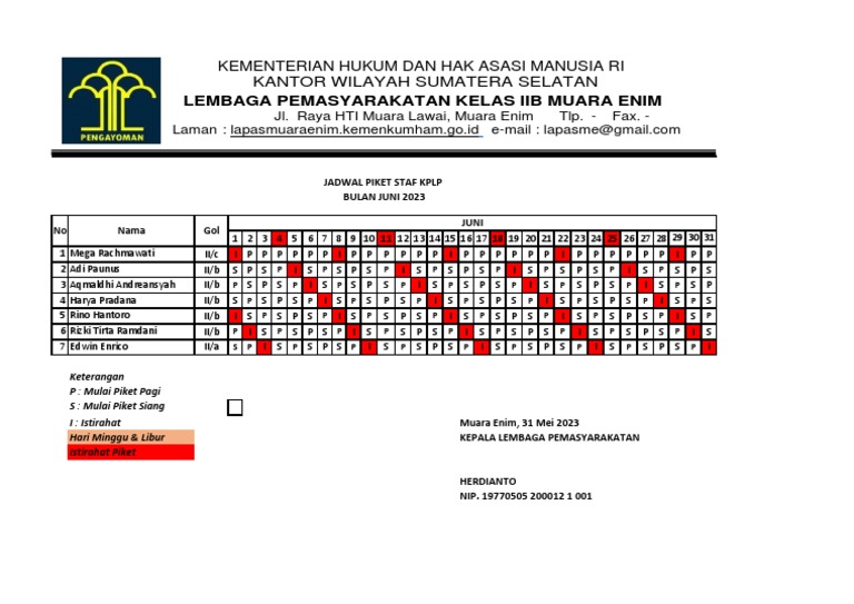 Jadwal Piket Staf Lapas Juni 2023 | PDF