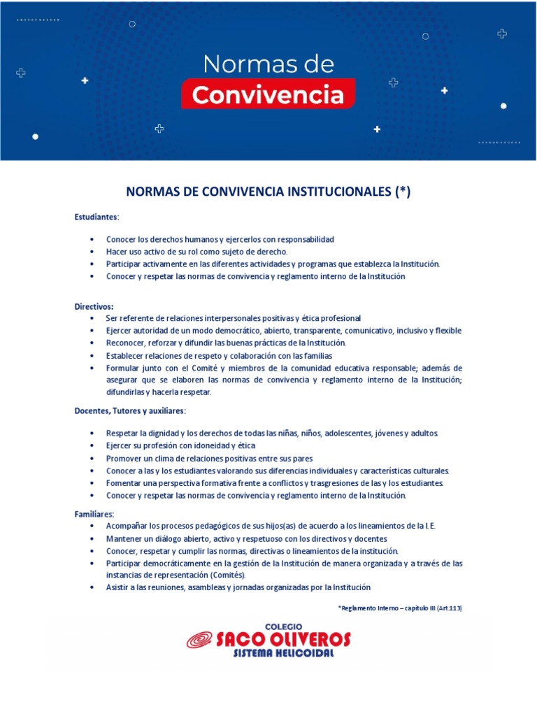 Normas de Convivencia Institucionales | PDF | Salud y bienestar