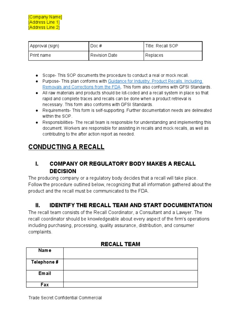 FDA-Recall-Procedure-Template.docx | PDF | Retail | Hazards