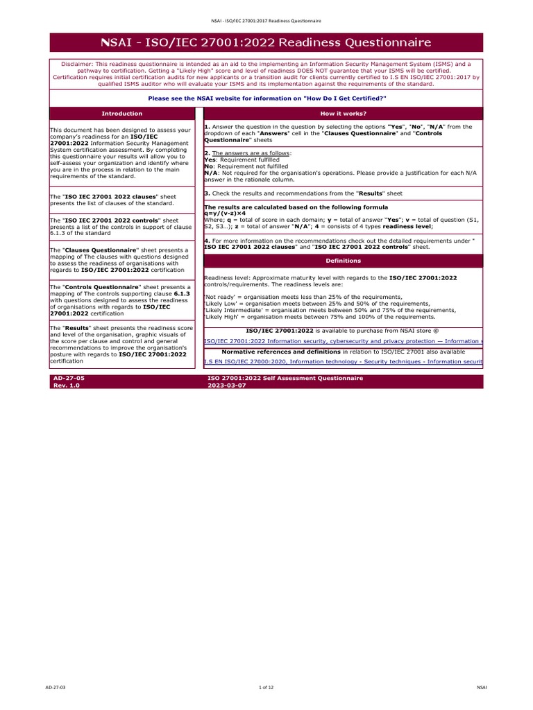 AD-27-05 - NSAI ISO 27001.2022 Readiness Questionnaire - Rev 1 .01 | PDF