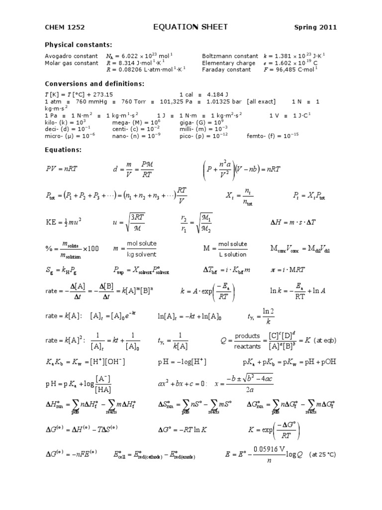1252 EquationSheet | PDF | Science & Mathematics