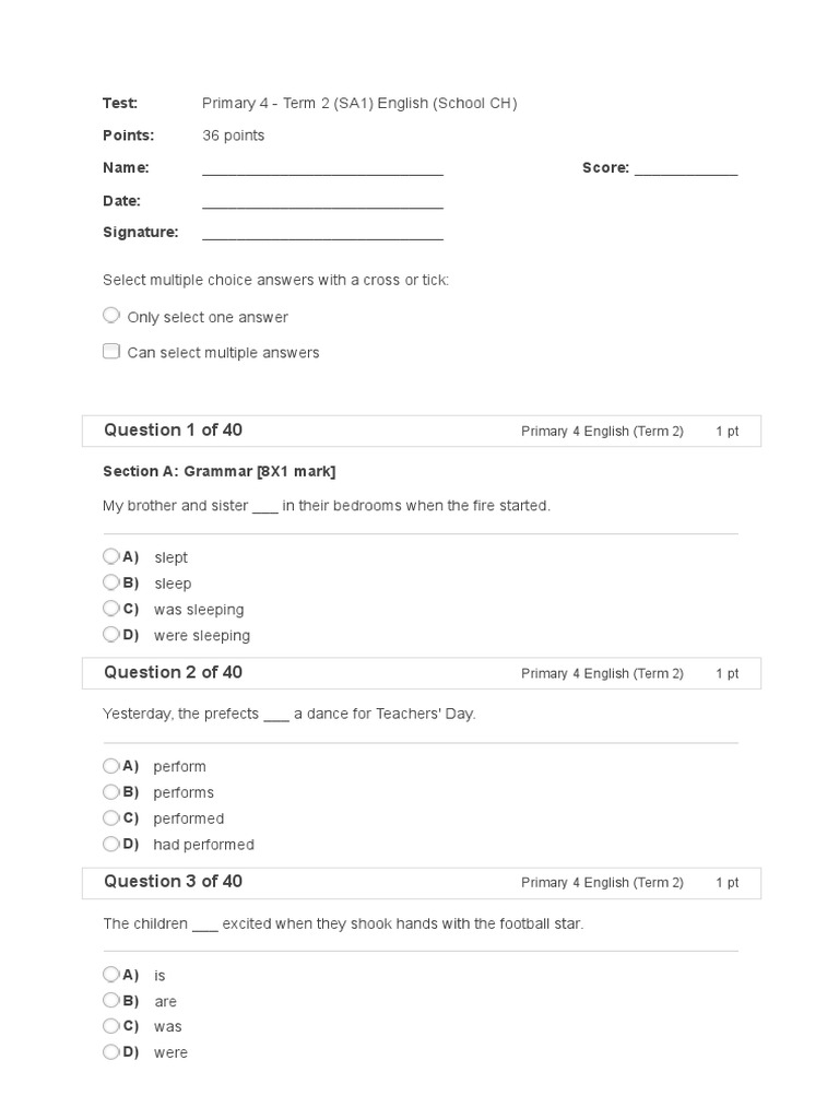 Primary 4 English Term 2 Test Questions | PDF