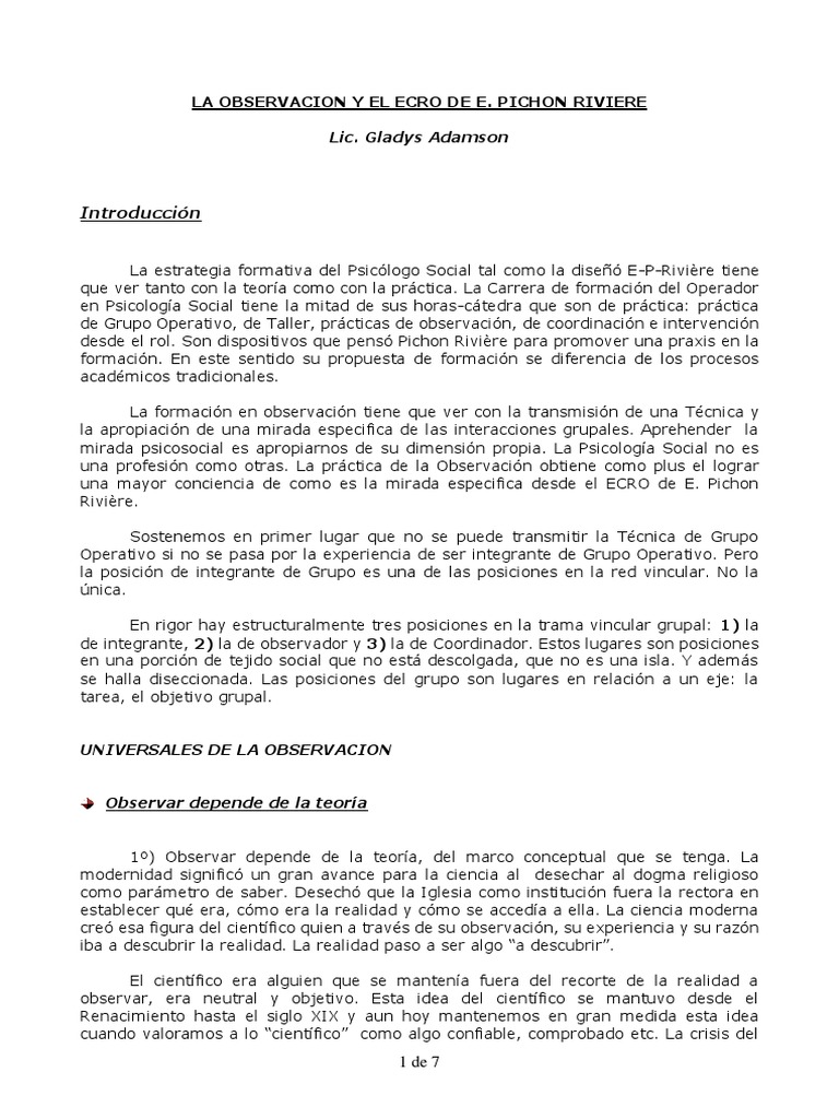 Observación y ECRO en Pichon Rivière | PDF | Sicología | Subjetividad