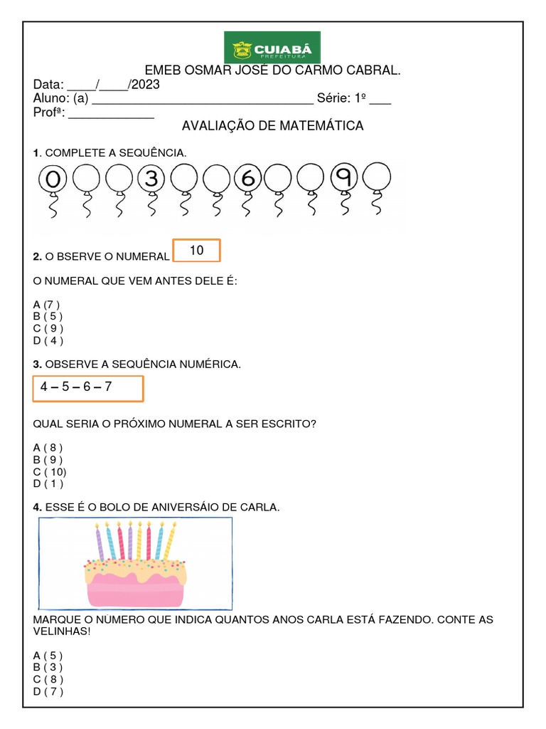 Avaliação Matemática 1º Ano | PDF
