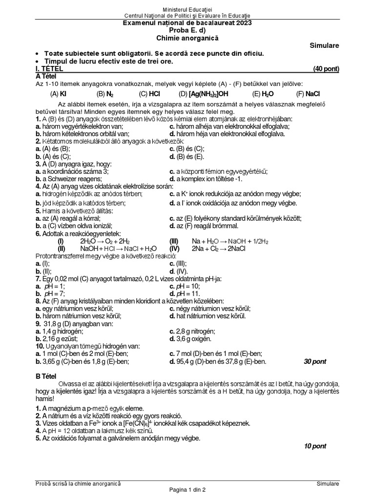 E d Chimie 2023 Var Simulare LMA PDF