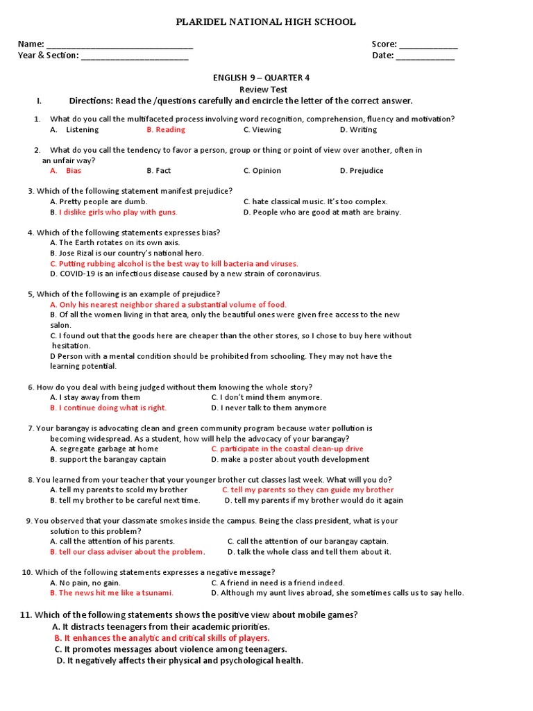 English 9 Quarter 4 Review Test | PDF