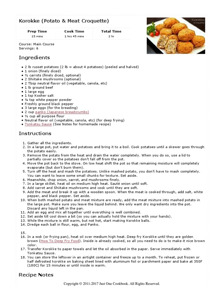 Korokke (Potato & Meat Croquette) コロッケ • Just One Cookbook PDF