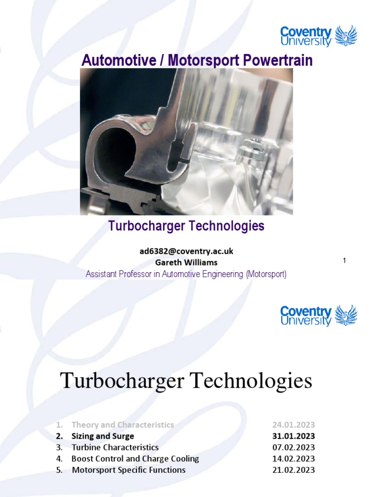 Automotive Motorsport Powertrain Lecture 5 Turbocharger Sizing and Surge PDF Turbocharger