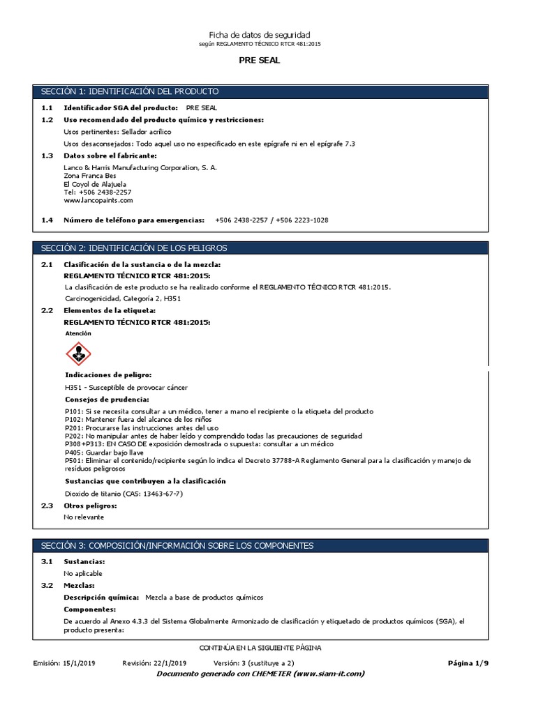 Ficha de Seguridad del Sellador PRE SEAL | PDF