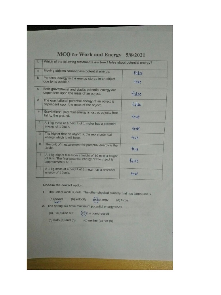 Science Mcq Work and Energy PDF