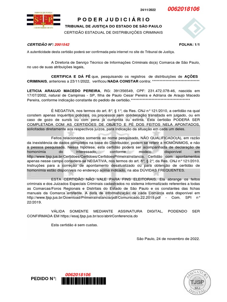 Certidão da Justiça Estadual PDF