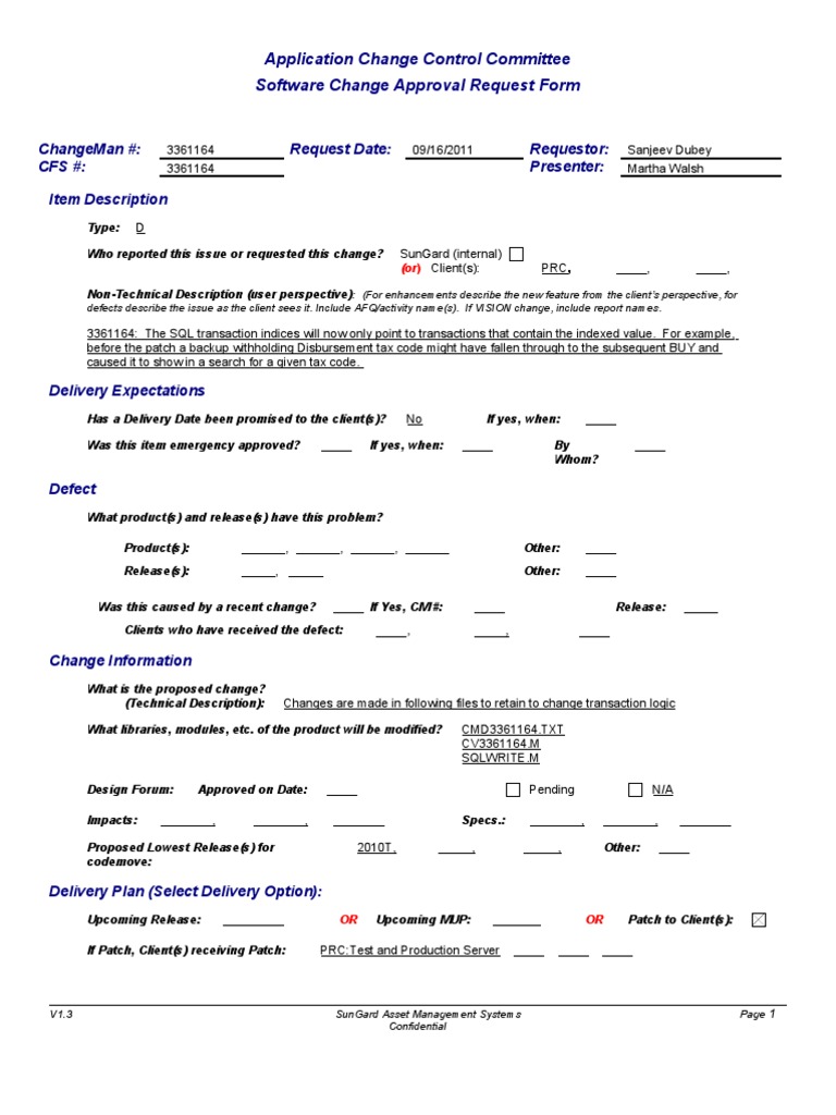 Software Change Approval Request 3361164 | PDF | Business | Computers