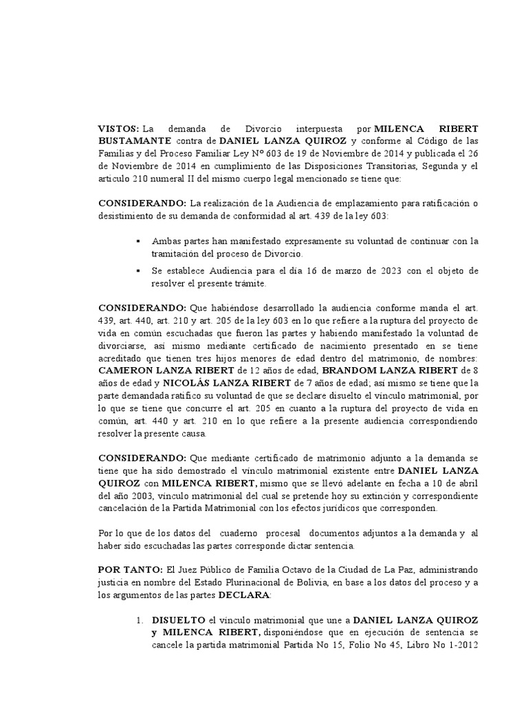 SENTENCIA DIVORCIO CORREGIDO | PDF | Divorcio | Instituciones sociales