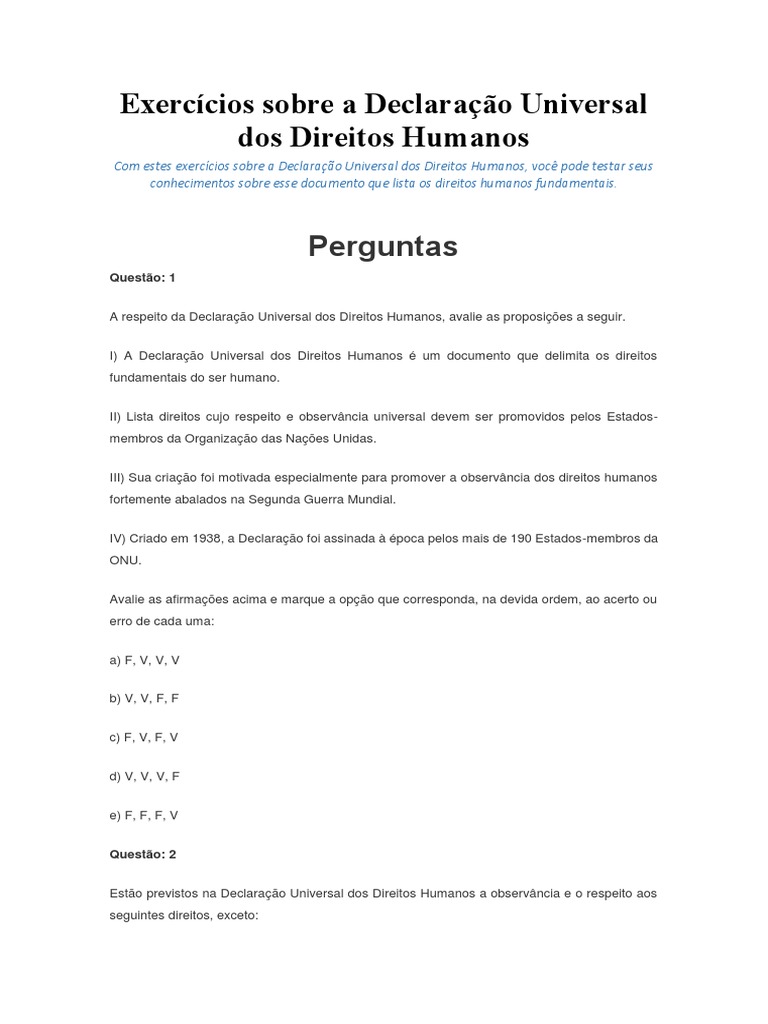 Exercícios sobre Direitos Humanos | PDF | Direitos Humanos | Nações Unidas