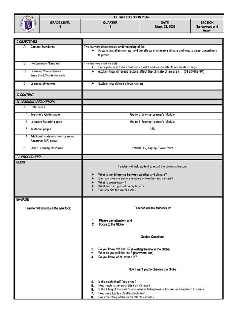 LESSON PLAN FACTORS AFFECTING CLIMATE LATITUDE | PDF | Equator | Earth