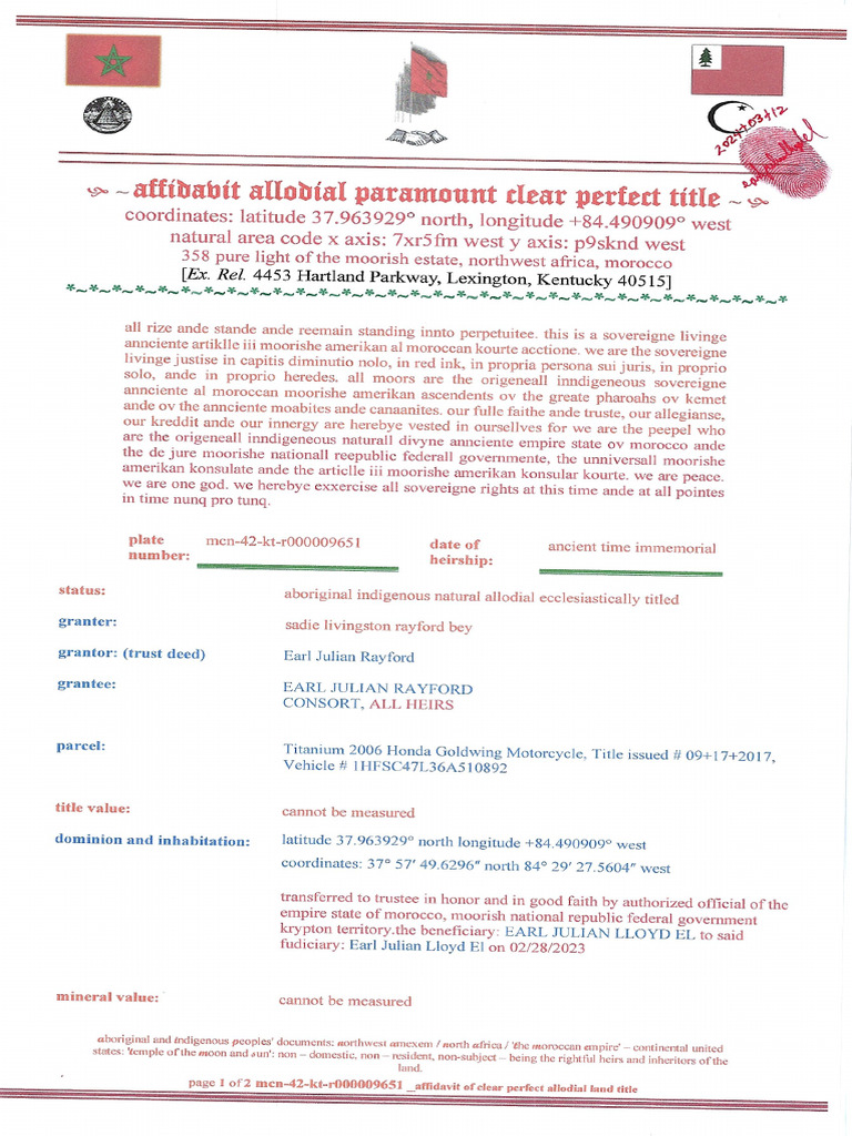 Affidavit Allodial Paramount Clear Perfect Title Honda GL PDF Affidavit Allodial Paramount Clear Perfect Title Honda GL PDF