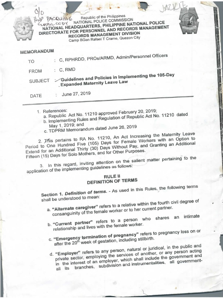 Guidelines policies in implementing the 105 day expanded maternity