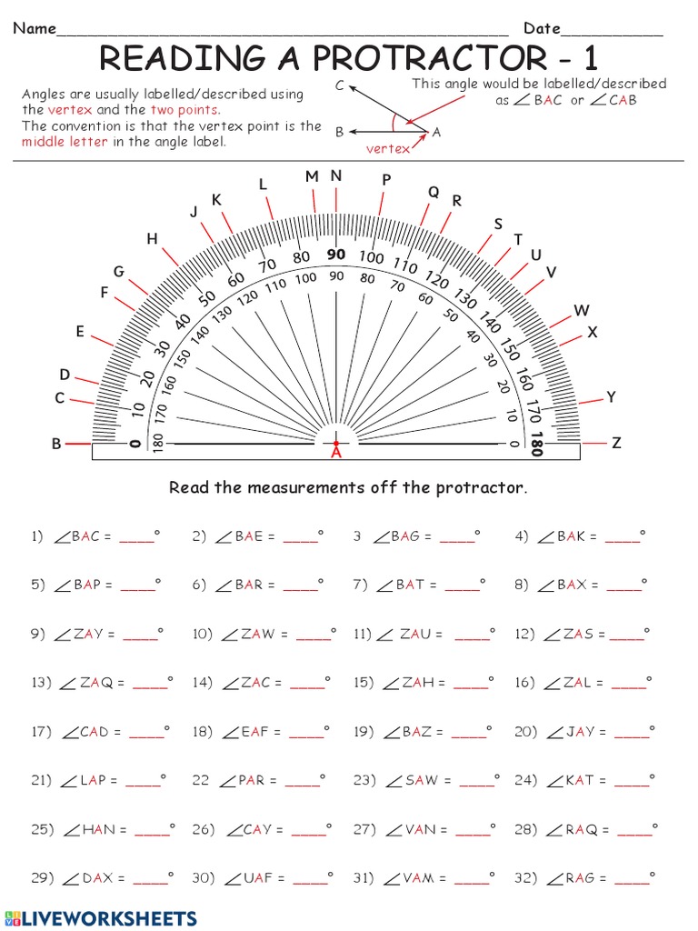 Reading A Protractor 1 J K L MN P QR S T U V W X PDF Angle