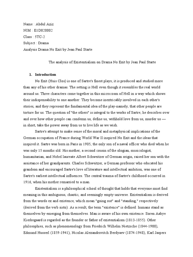 Existentialism in Sartre's No Exit Analysis | PDF | Existentialism ...