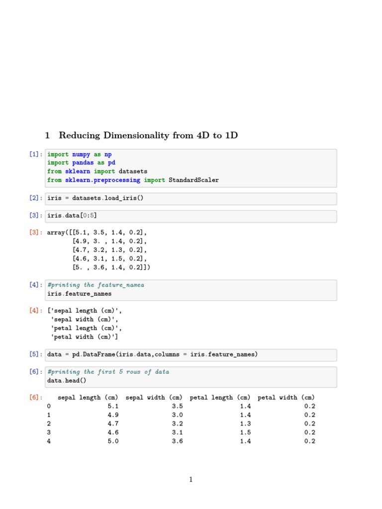 1 reducing dimensionality from 4d to 1d numpy np pandas pd sklearn