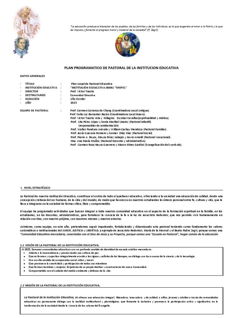 Plan de Pastoral Educativa I.E. 00491 - 2023 | PDF | Plan de estudios ...