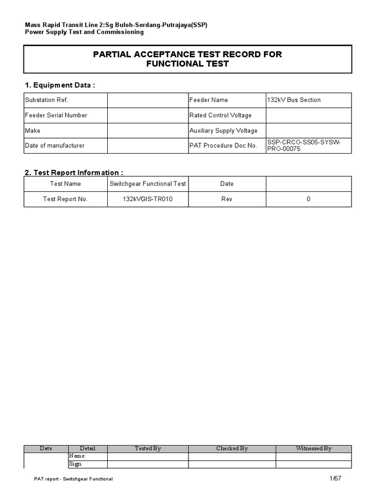 Switchgear Functional Test Report | PDF | Power Supply | Alternating ...